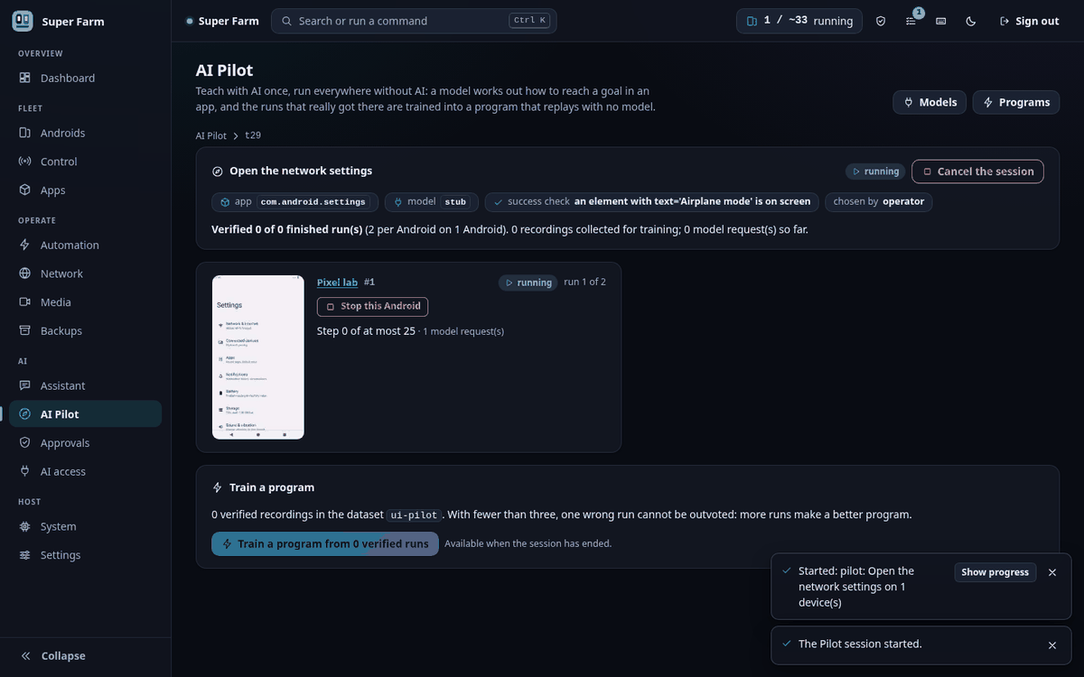 A running Pilot session: the goal, the app, the model, the success check and who chose it, and one Android's live screen with its current step.